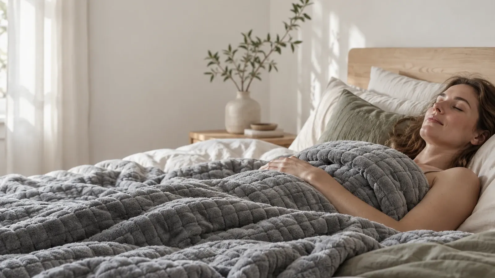 Une personne détendue sous une couverture lestée dans une chambre scandinave lumineuse