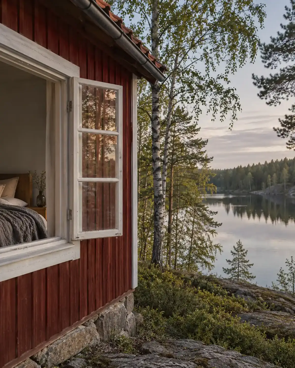 Couverture lestée pliée sur un lit en lin dans une chambre scandinave