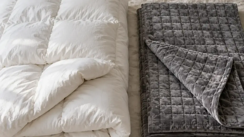 Couette lestée blanche et couverture lestée grise côte à côte sur un lit