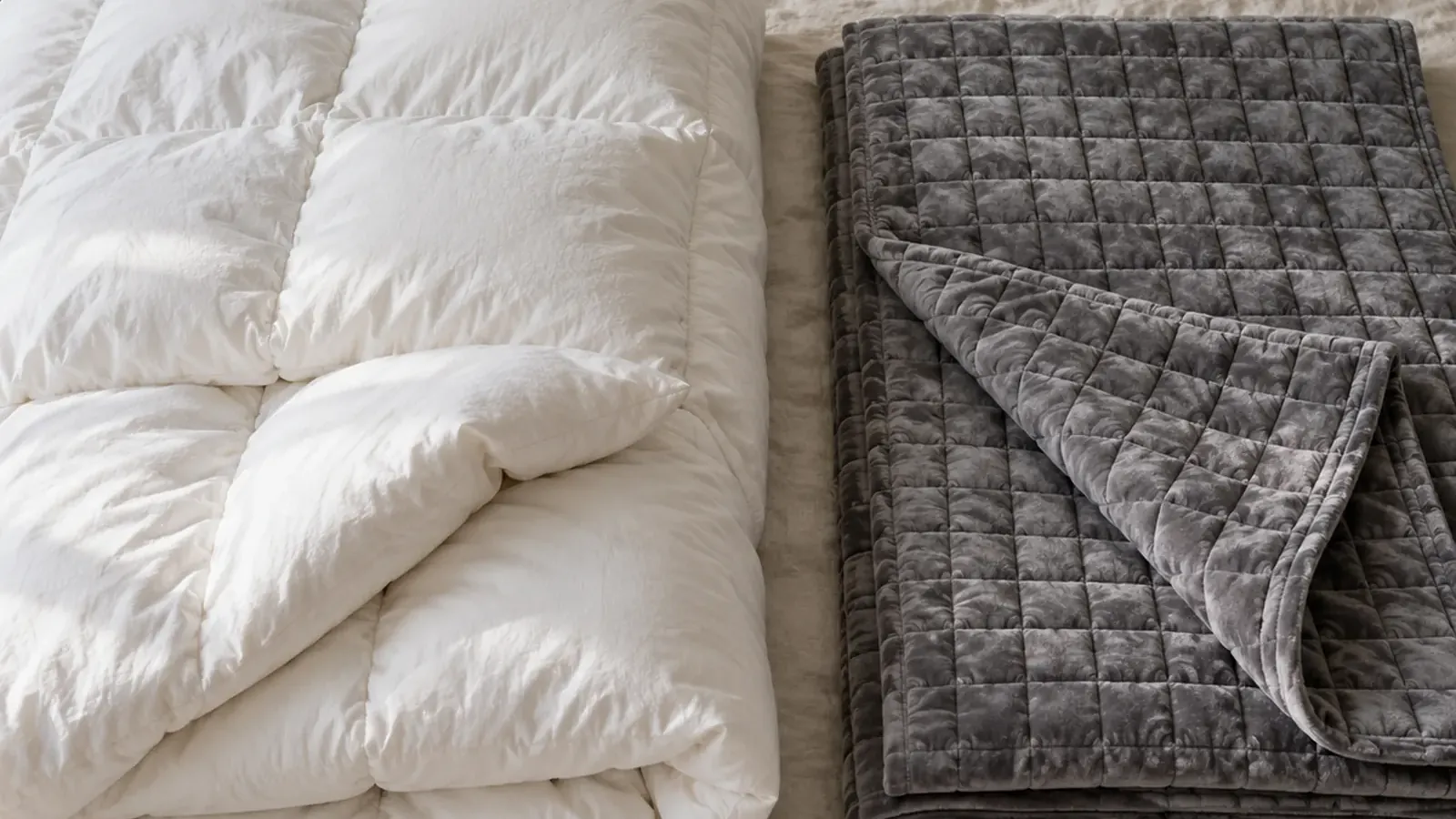 Couette lestée blanche et couverture lestée grise côte à côte sur un lit