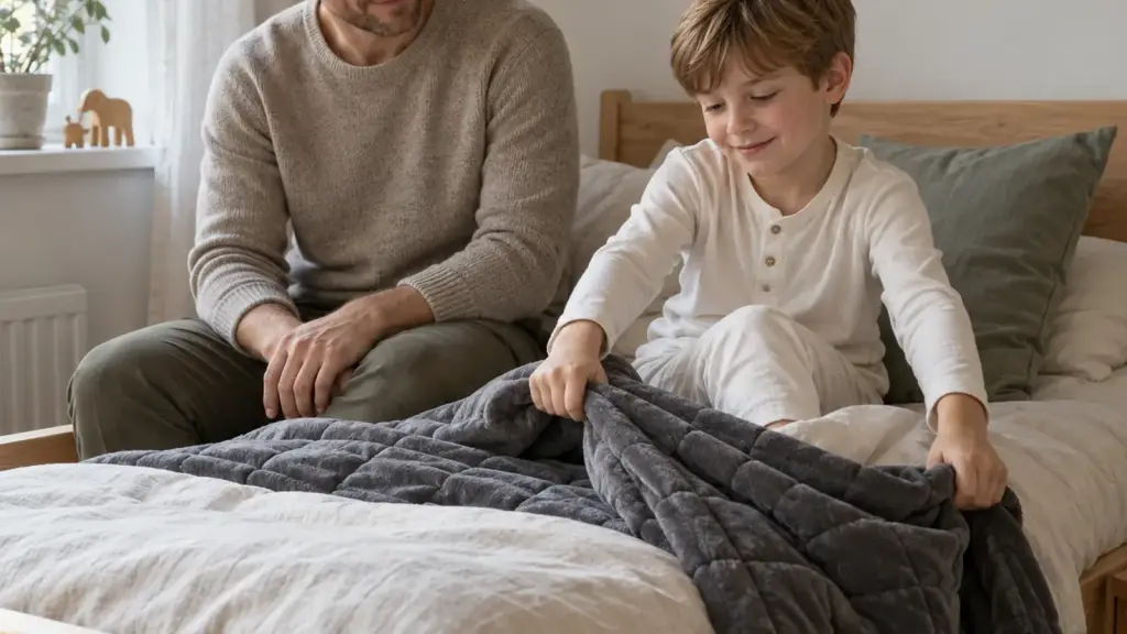 Enfant qui repousse seul sa couverture lestée, assis dans son lit