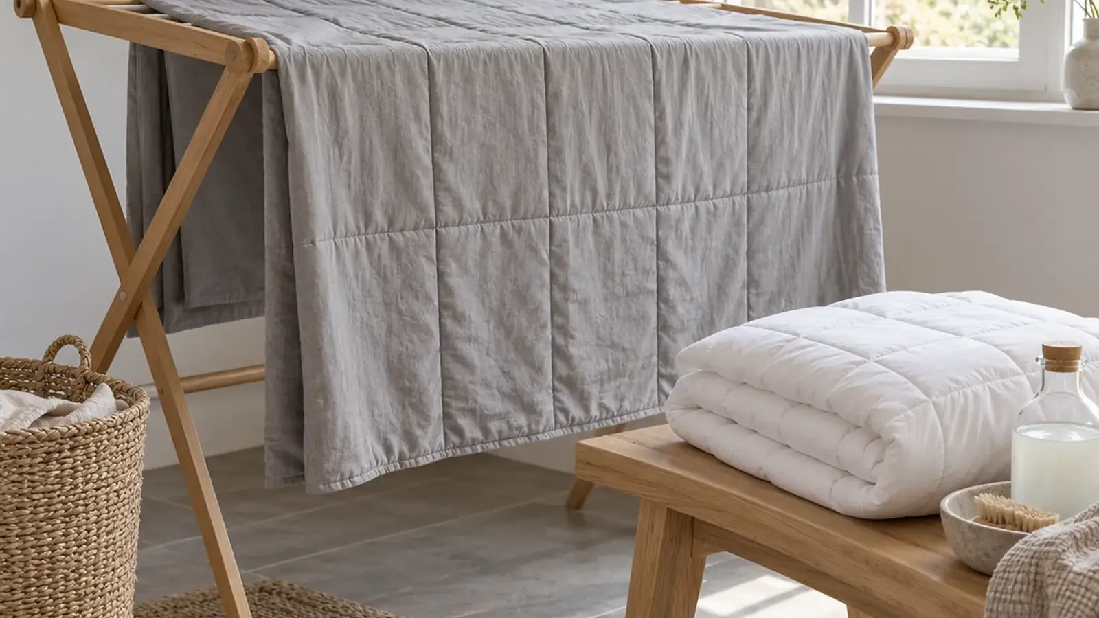 Housse de couverture lestée qui sèche à plat sur un étendoir
