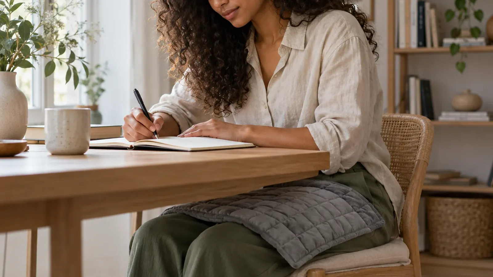 Femme assise à son bureau avec un coussin lesté sur les genoux