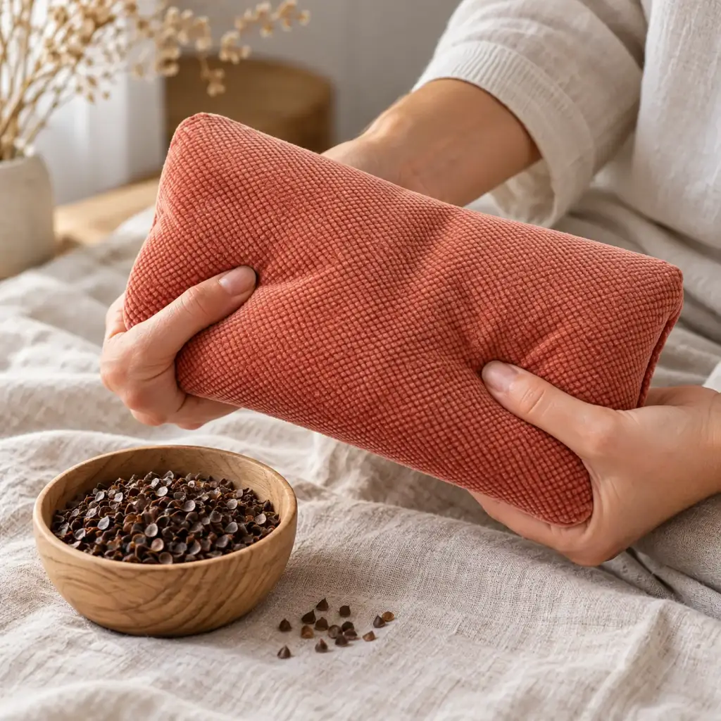 Bouillotte au sarrasin en coton, lin et velours – détail de la matière