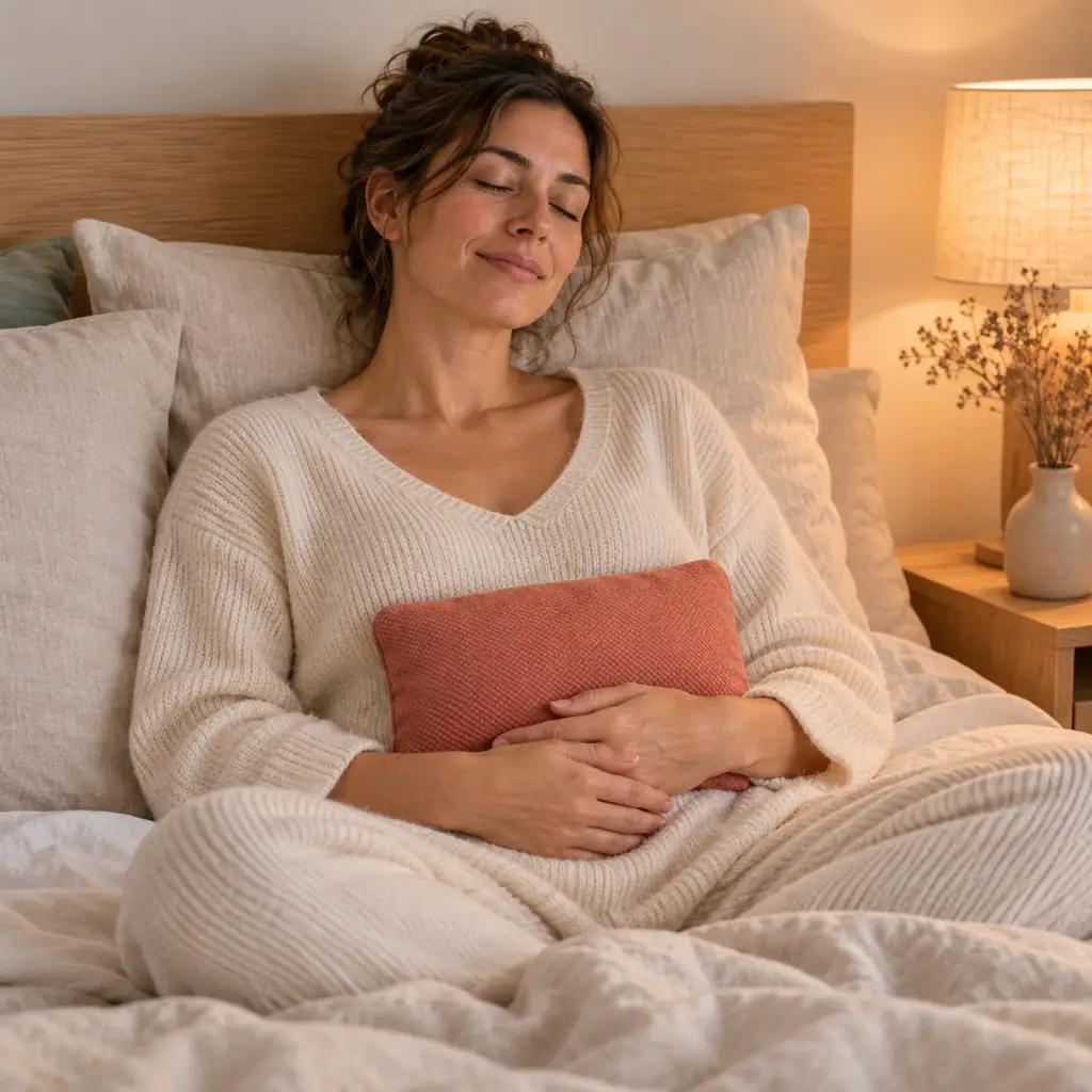 Bouillotte au sarrasin en coton, lin et velours – en utilisation