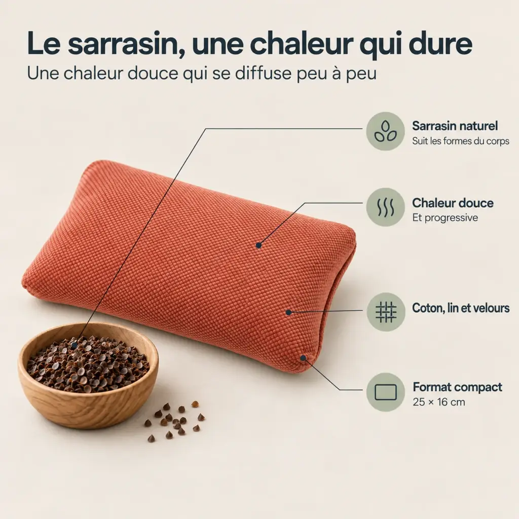 Bouillotte au sarrasin en coton, lin et velours – les points clés