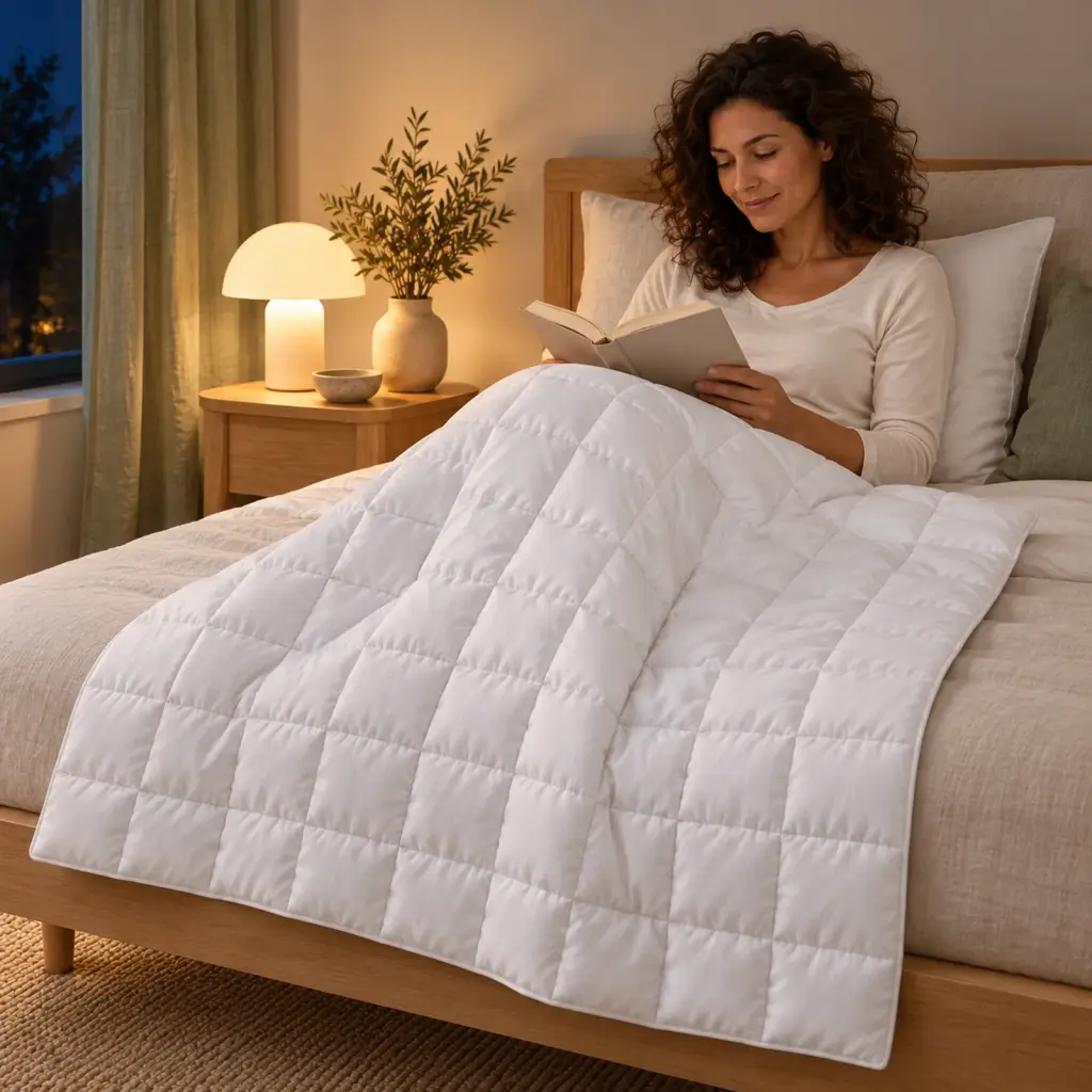 Couette lestée blanche – moment de détente au salon