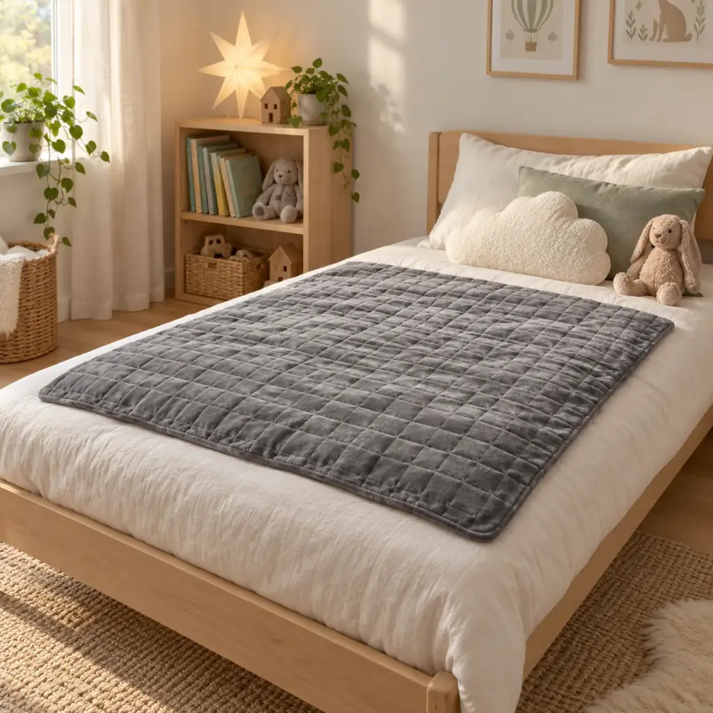 Couverture lestée Enfant – posée sur un lit