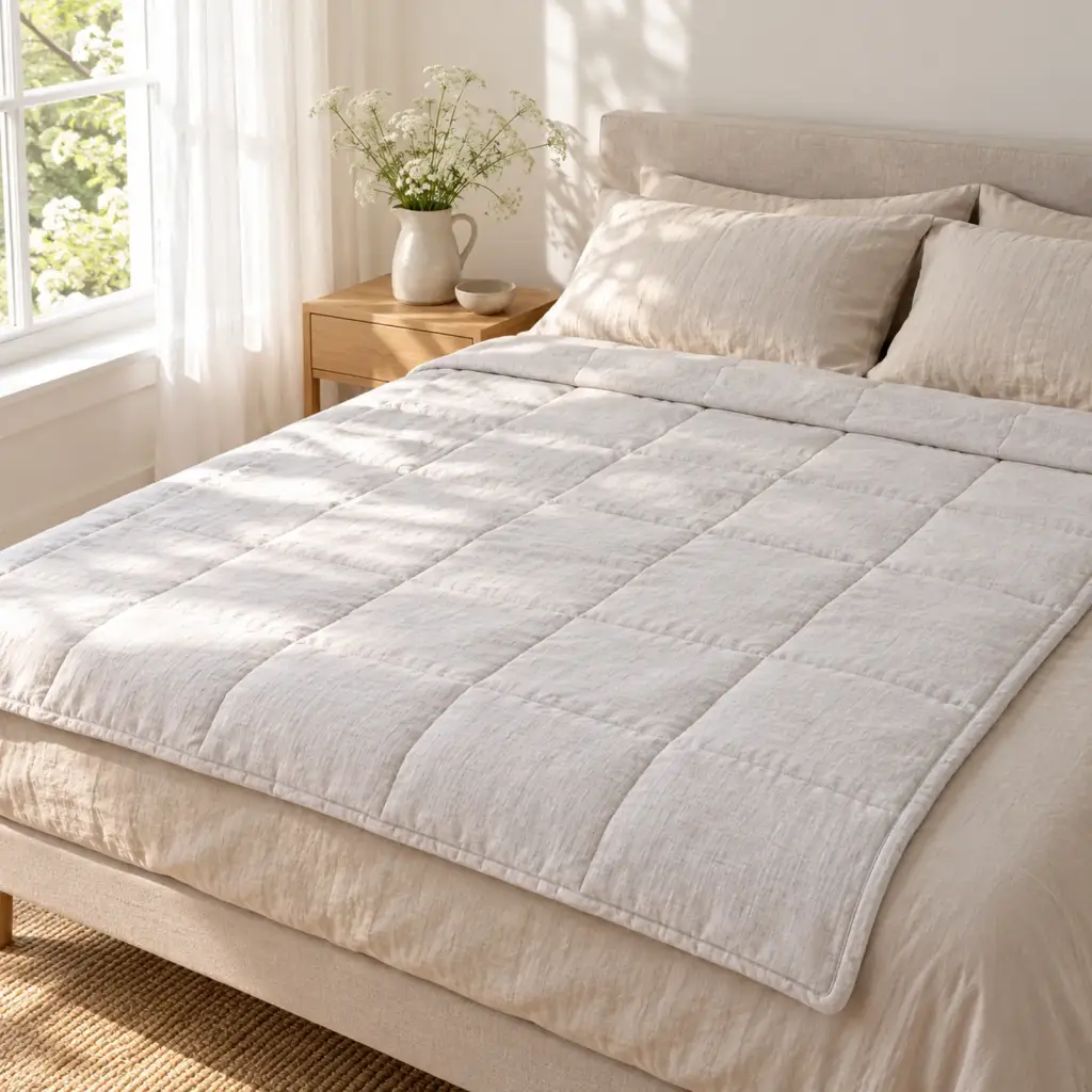 Couverture lestée Lin – posée sur un lit