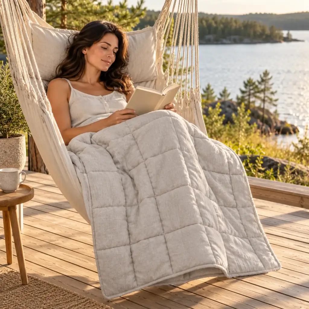 Couverture lestée Lin – moment de détente au salon