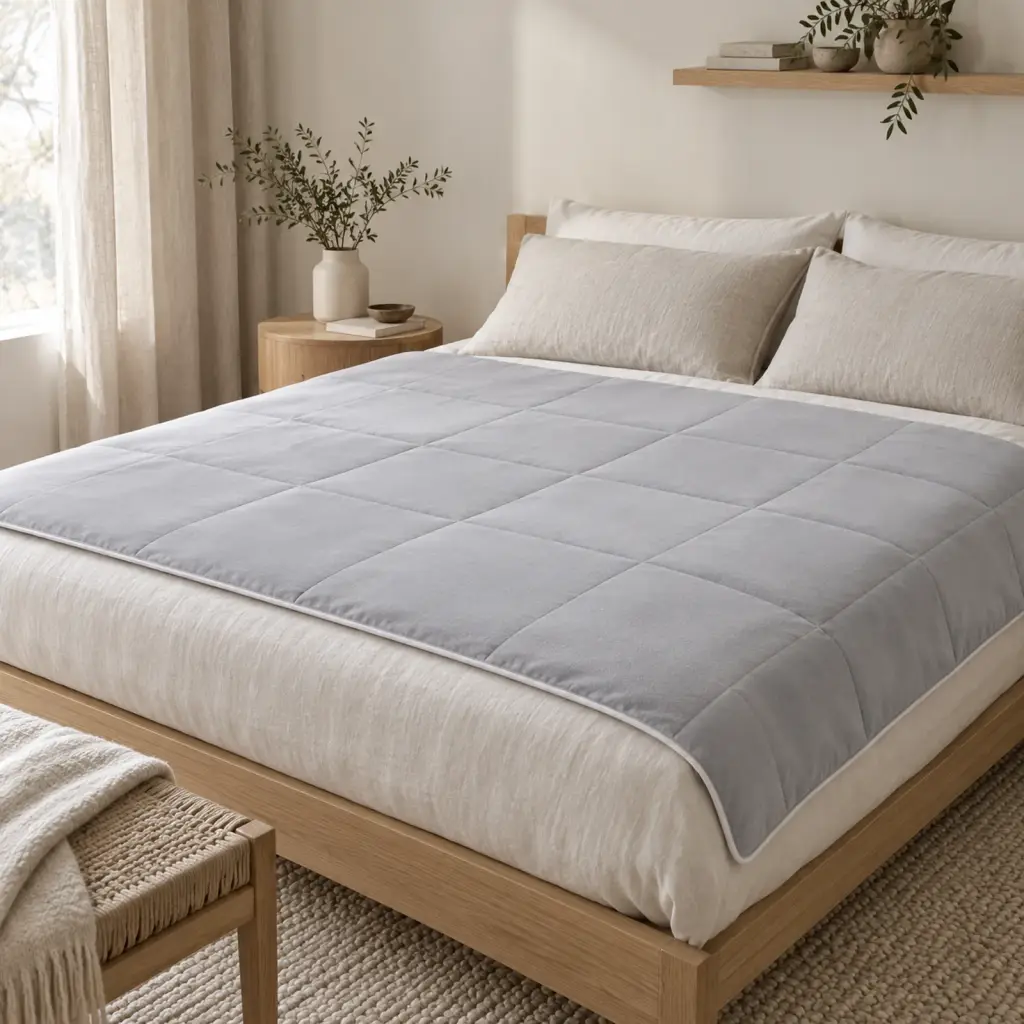 Couverture lestée Sensorielle – posée sur un lit