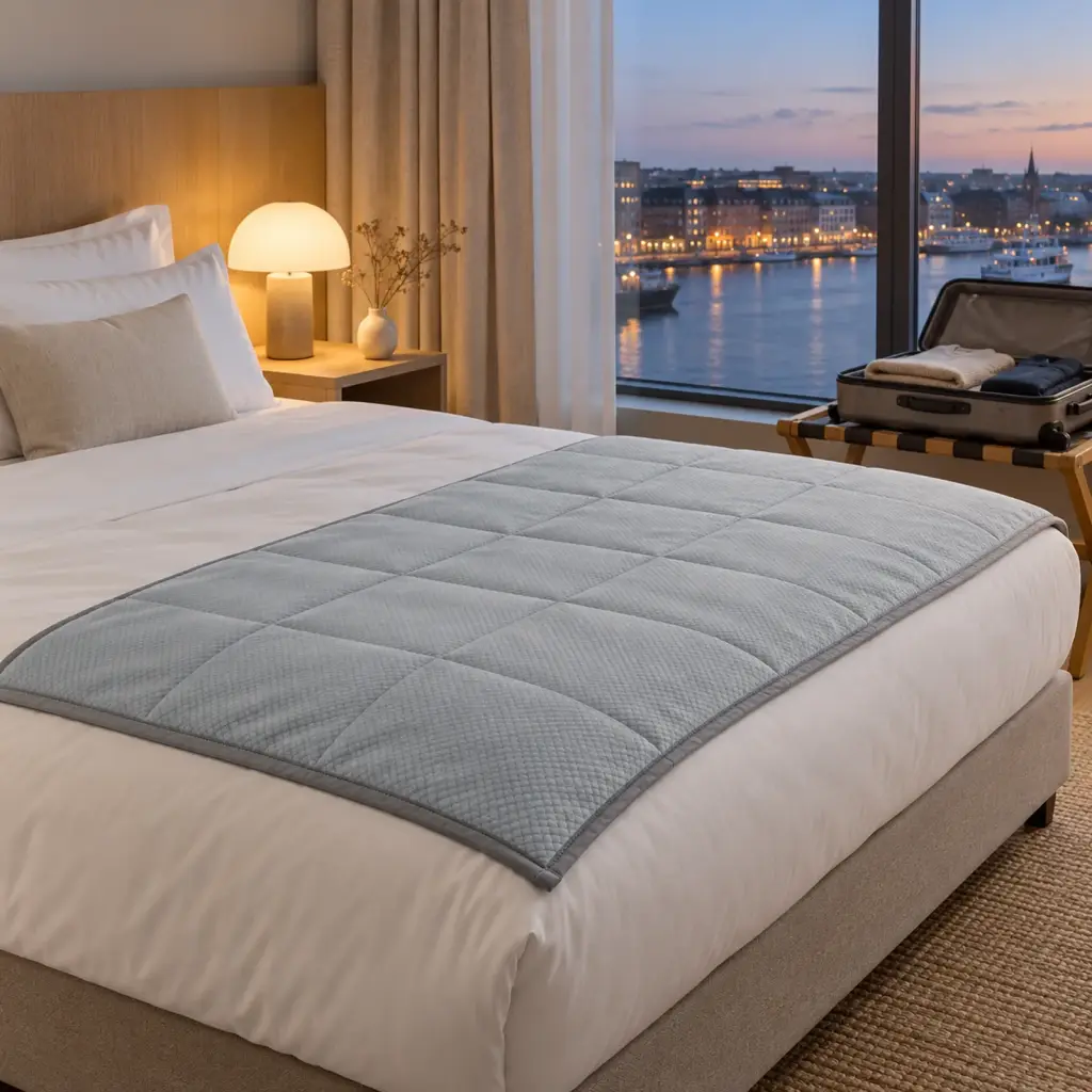 Couverture lestée de voyage – posée sur un lit