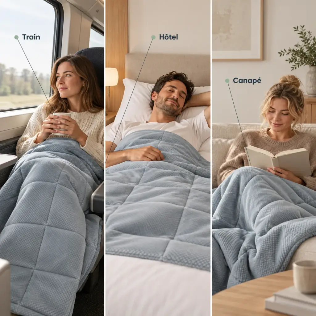 Couverture lestée de voyage – Hôtel, train ou canapé