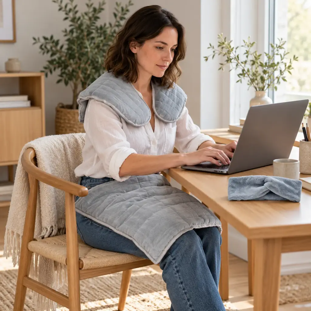 Kit télétravail lesté : coussin, collier et bandeau – en utilisation