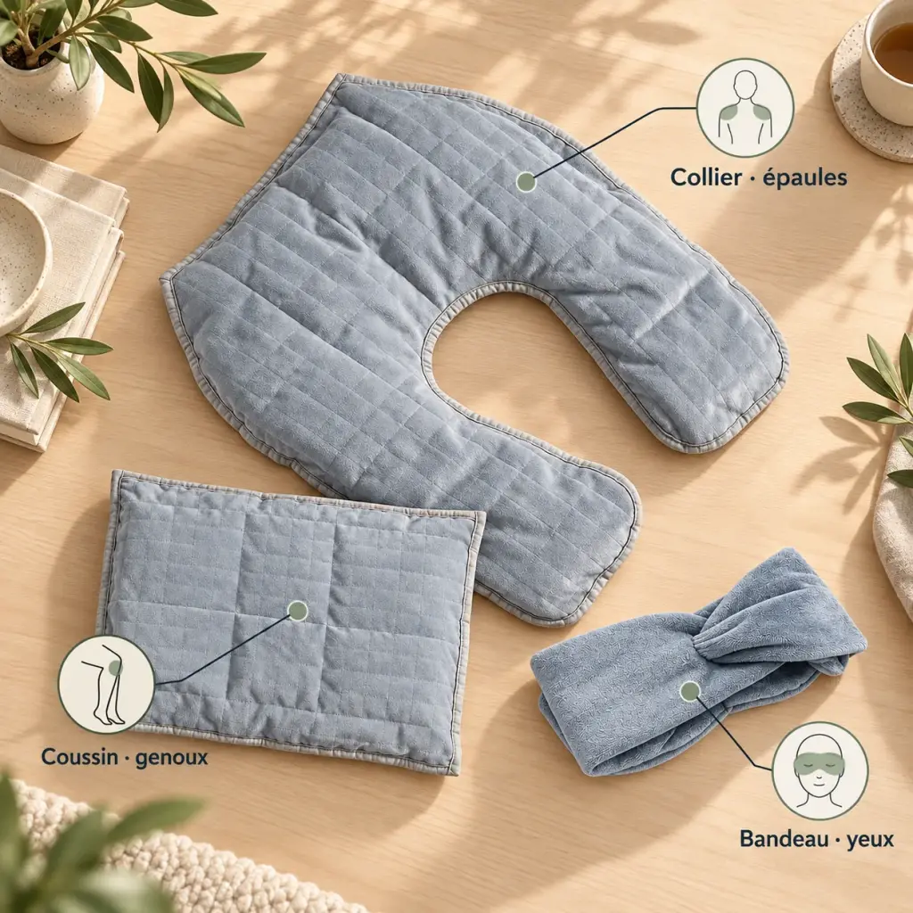 Kit télétravail lesté : coussin, collier et bandeau – Genoux, épaules, yeux