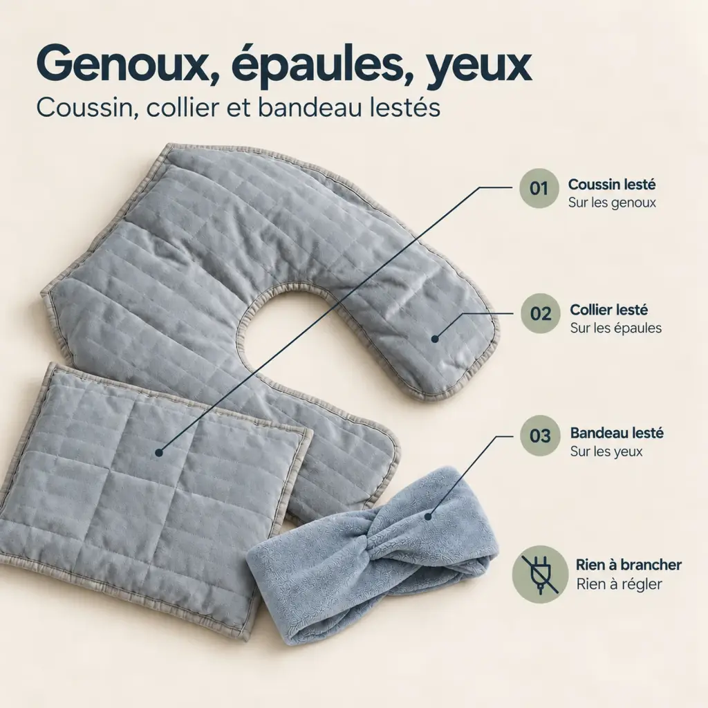 Kit télétravail lesté : coussin, collier et bandeau – les points clés