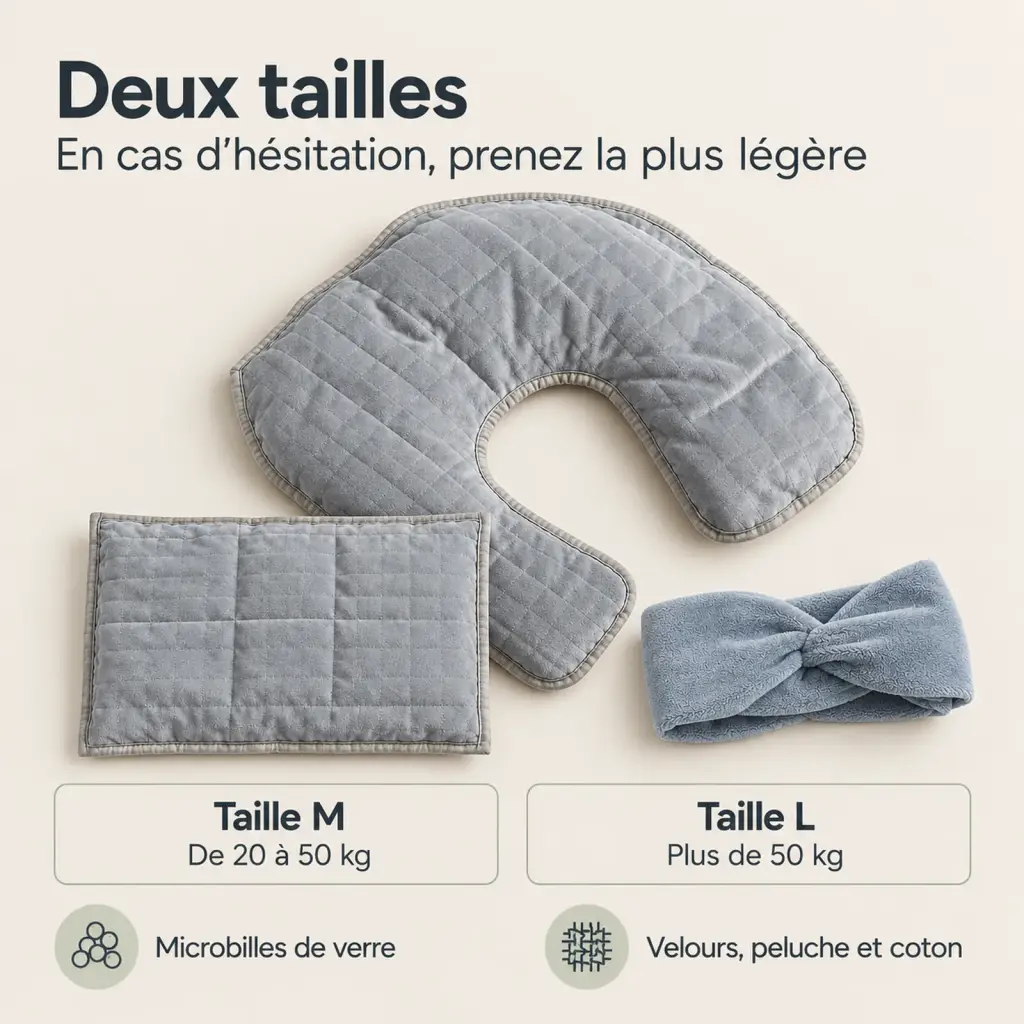 Kit télétravail lesté : coussin, collier et bandeau – composition et dimensions