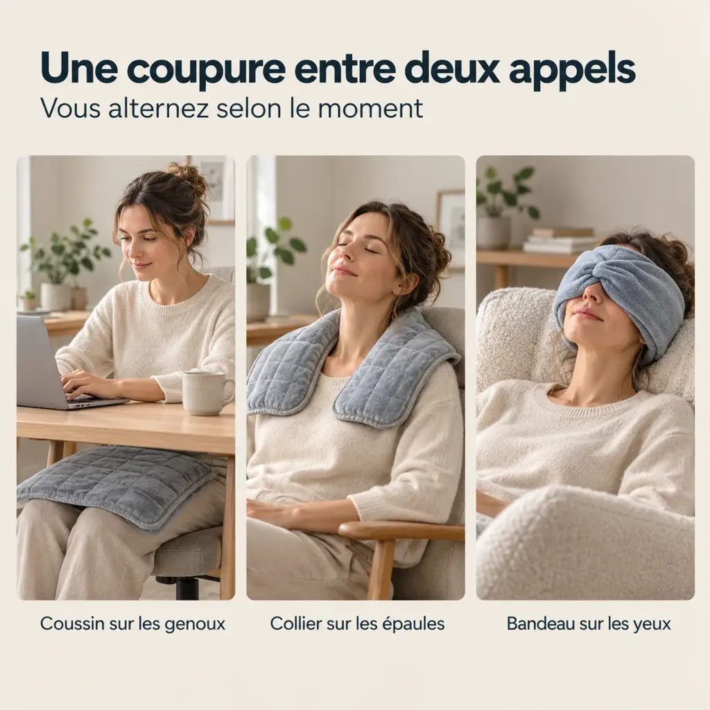 Kit télétravail lesté : coussin, collier et bandeau – usage au quotidien