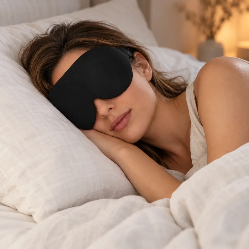 Masque de sommeil occultant à coussinets nasaux – en utilisation
