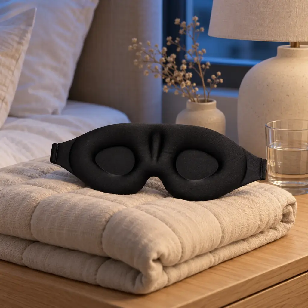 Masque de sommeil occultant à coussinets nasaux – mise en situation