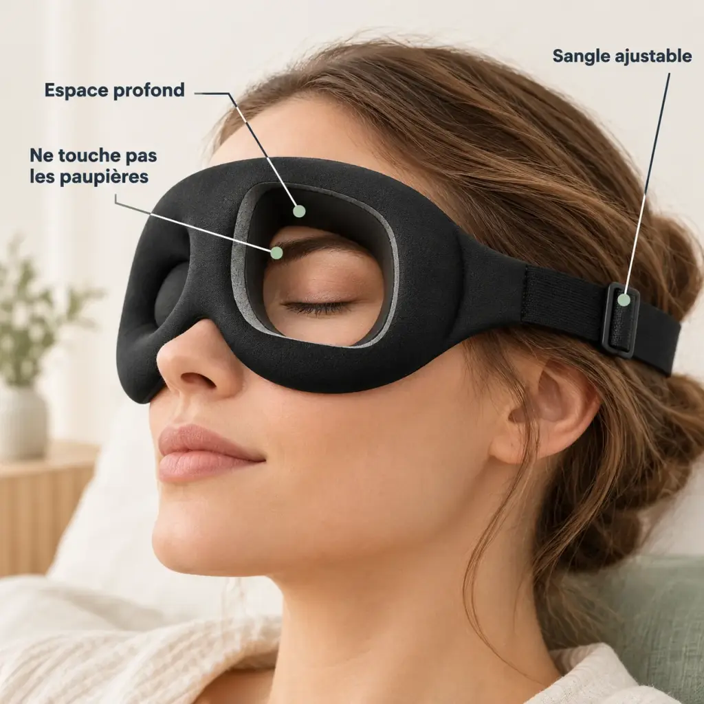 Masque de sommeil occultant à coussinets nasaux – Un espace profond pour les yeux