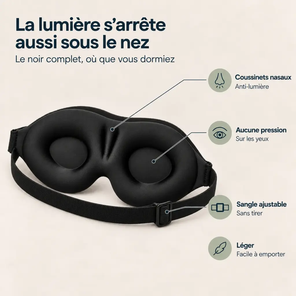 Masque de sommeil occultant à coussinets nasaux – les points clés