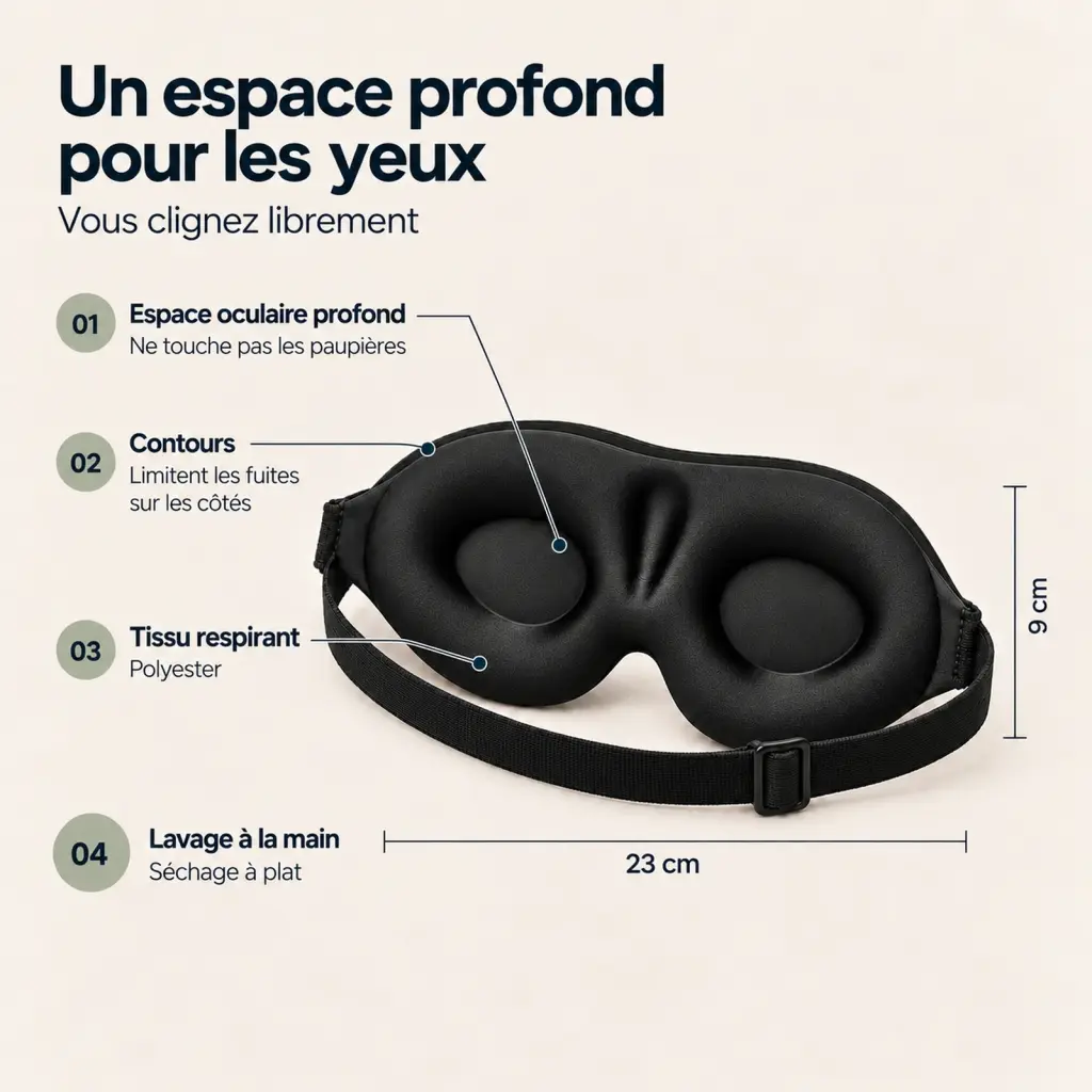 Masque de sommeil occultant à coussinets nasaux – composition et dimensions