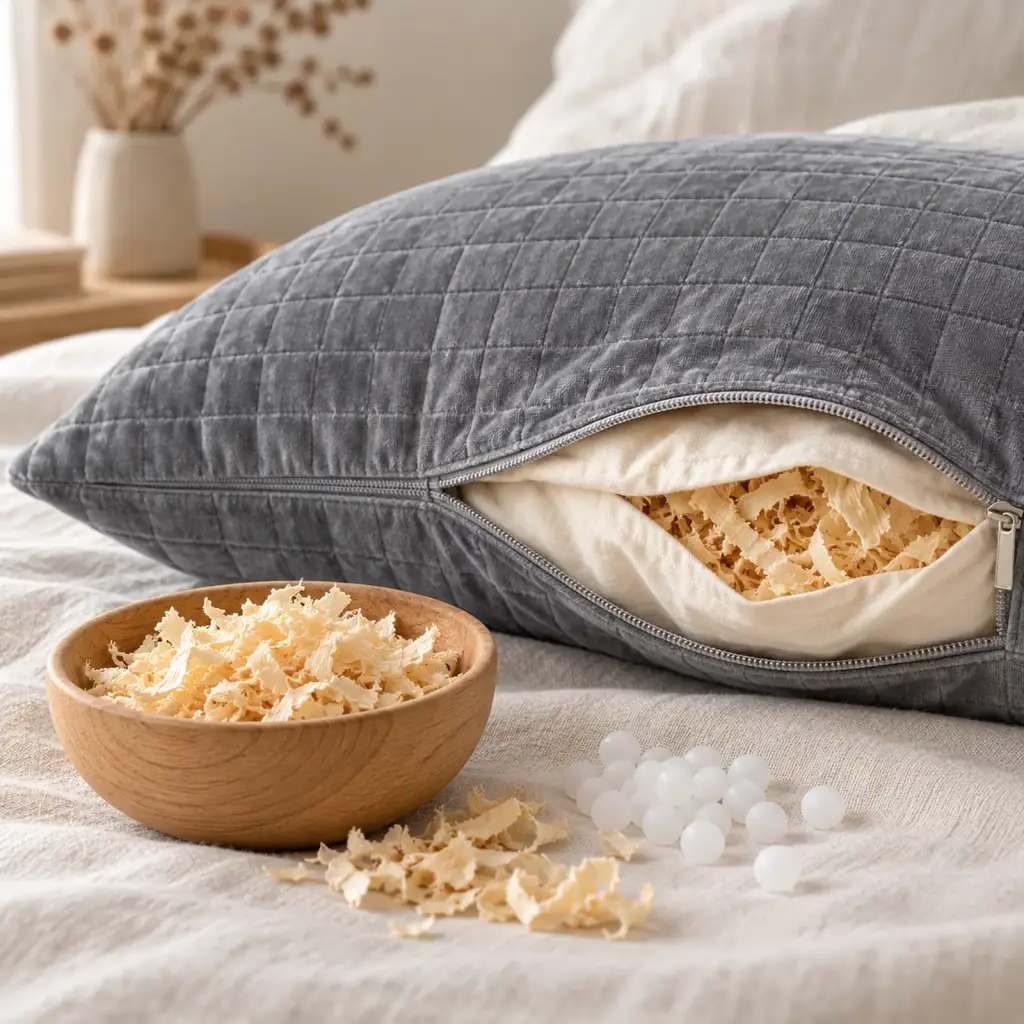 Oreiller naturel en coton, garnissage sapin ou silicone – détail de la matière