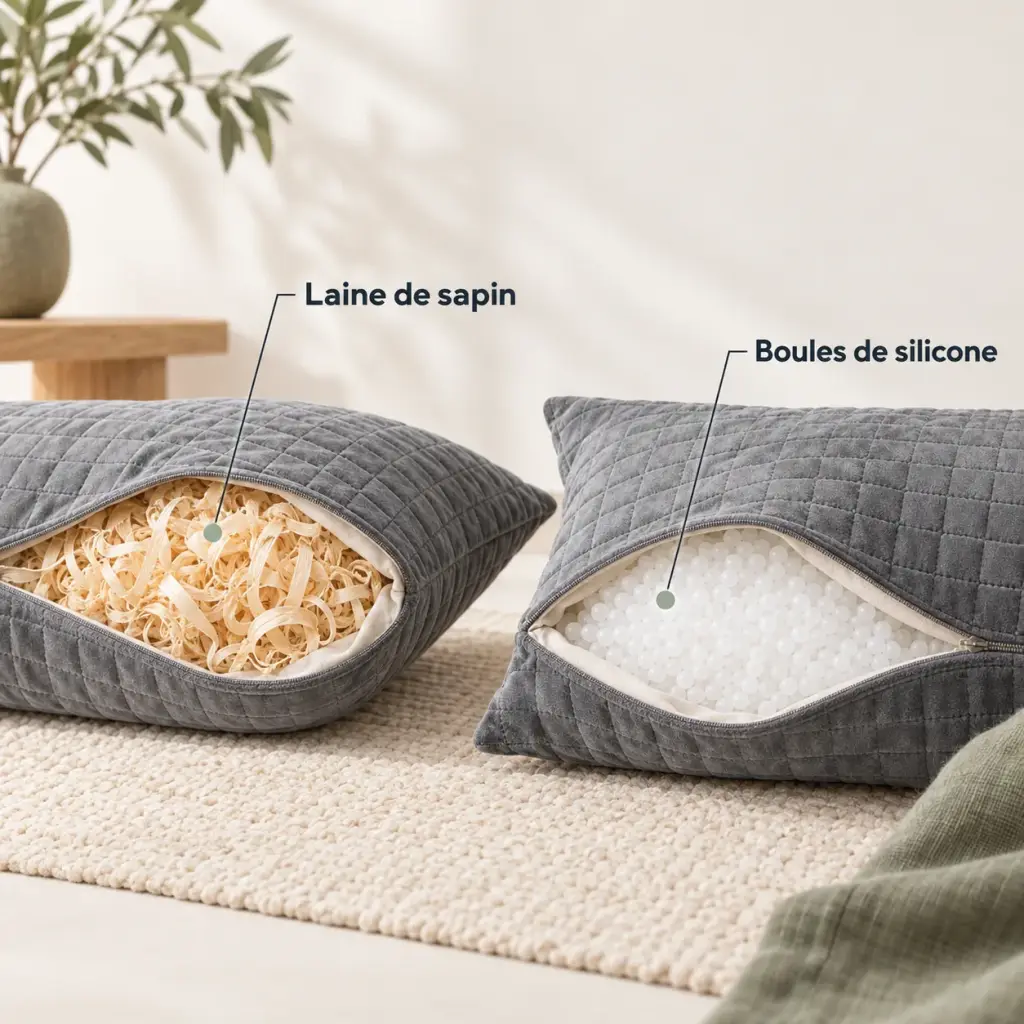 Oreiller naturel en coton, garnissage sapin ou silicone – Sapin boisé ou silicone tout en souplesse