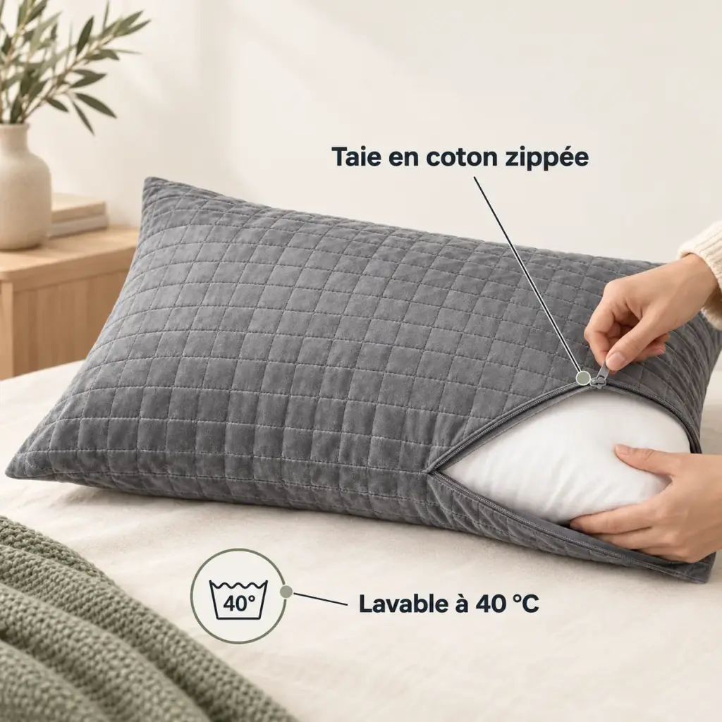 Oreiller naturel en coton, garnissage sapin ou silicone – Une taie zippée, simple à laver