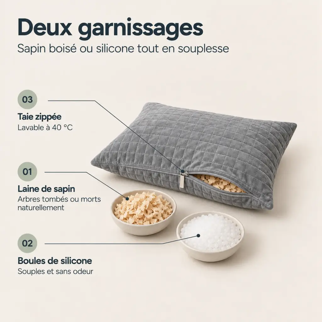 Oreiller naturel en coton, garnissage sapin ou silicone – composition et dimensions