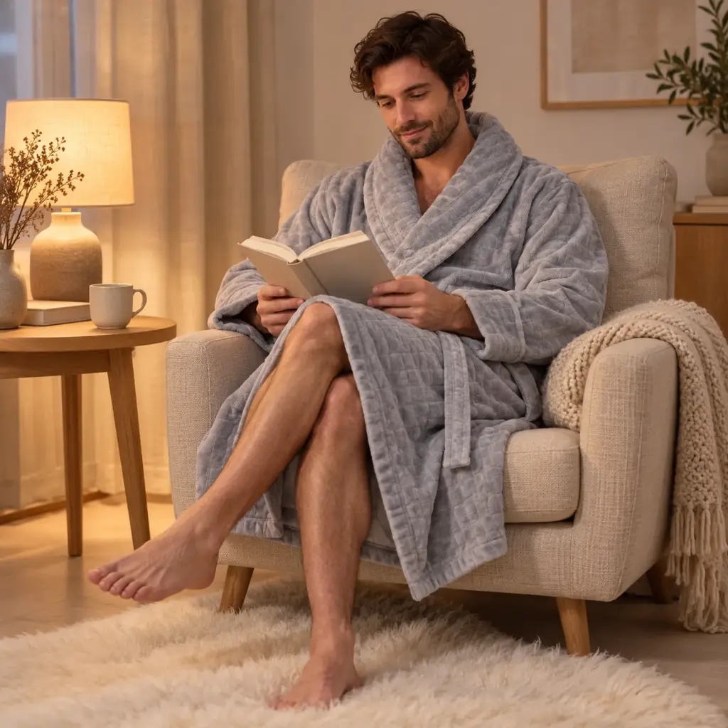 Robe de chambre lestée en coton et velours – mise en situation