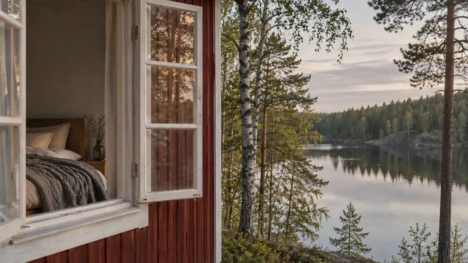 Maison en bois rouge au bord d’un lac suédois